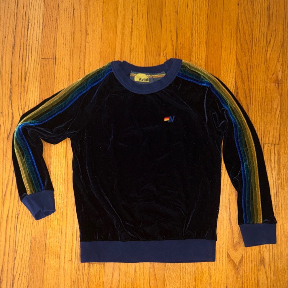 Aviator Nation Kids Velour Navy Crew with Multicolor Stripes